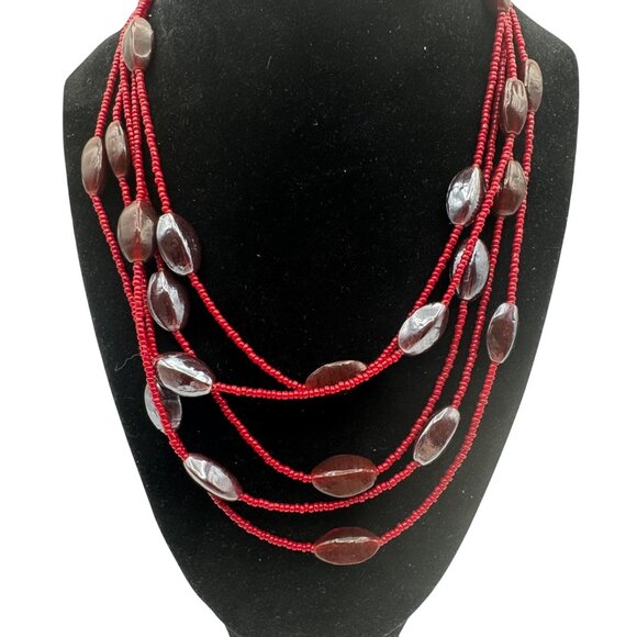 Multi-Strand Red Beaded Necklace with Oval Iridescent Glass Beads - Picture 1 of 8